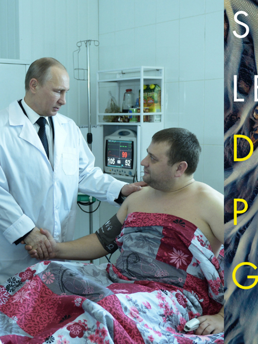 Buchcover Sergej Lebedew: Das perfekte Gift und im Hintergrund Vladimir Putin bei einem Krankenbesuch