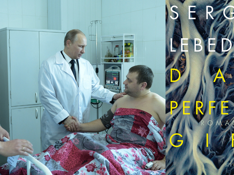 Buchcover Sergej Lebedew: Das perfekte Gift und im Hintergrund Vladimir Putin bei einem Krankenbesuch