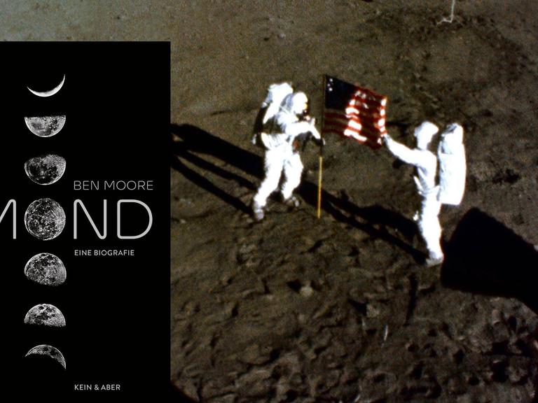Montage: Buchcover von "Mond" und Astronauten Edwin Eugene - Buzz - Aldrin Jr. und Neil Alden Armstrong (beide USA) mit der amerikanischen Nationalflagge auf der Mondoberfläche während der Apollo 11-Mission.