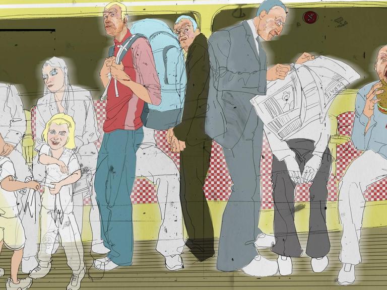 Illustration einer Szene aus der U-Bahn: Ein alter Mann hat keinen Sitzplatz und wird zwischen anderen Personen eingequetscht.