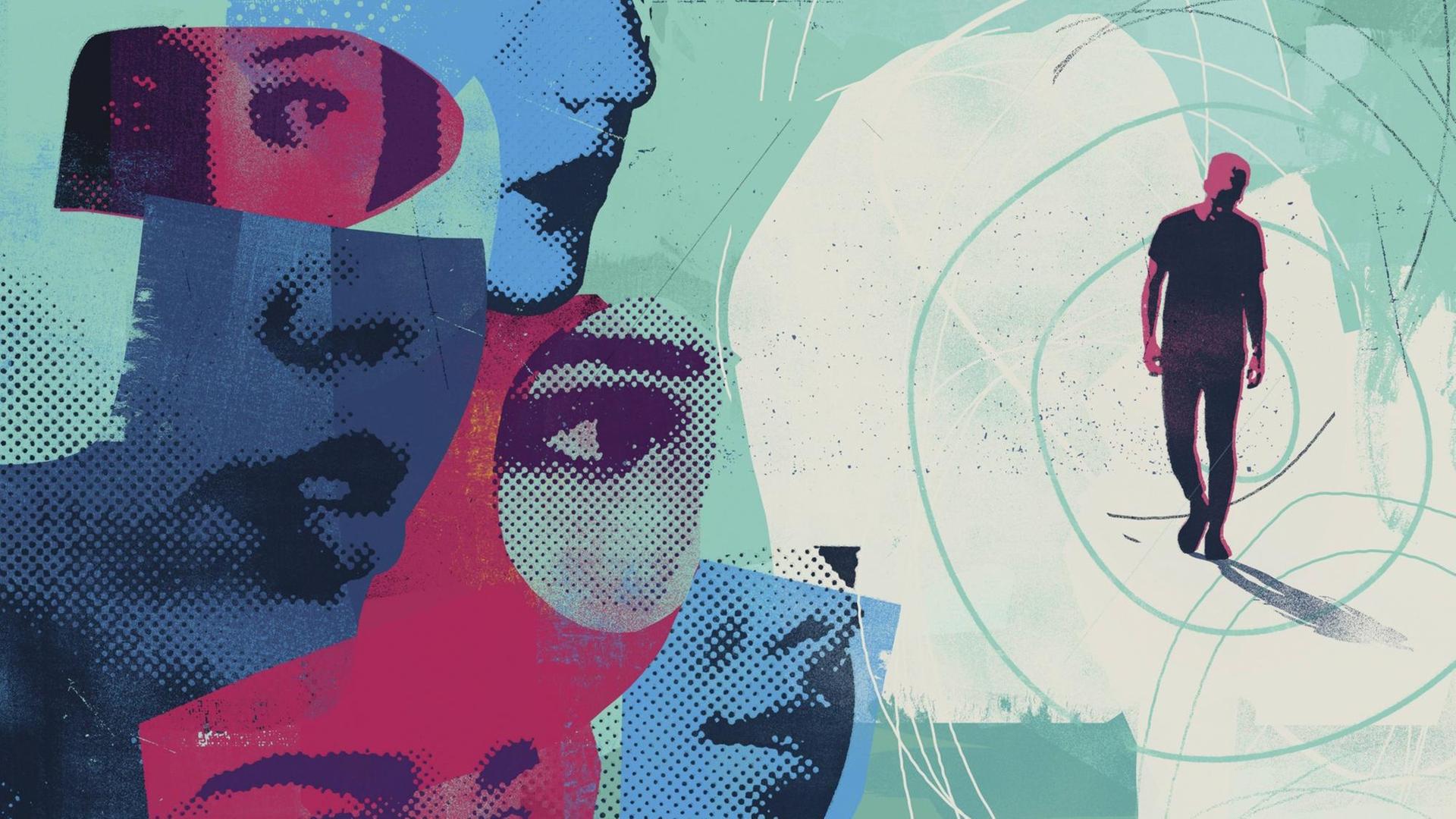 Illustration eines Mannes, der von von vielen Augen und Gesichtern misstrauisch angesehen wird.