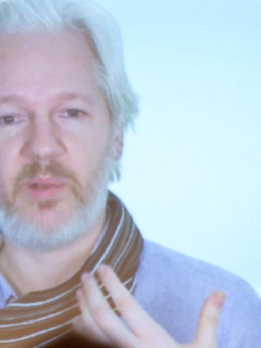 Teilnehmer des 30. Chaos Communication Congress (30C3) des Chaos Computer Clubs (CCC) verfolgen am 29.12.2013 in Hamburg im Congress Center (CCH) auf einer Videoleinwand einen Vortrag von Wikileaks mit Julian Assange.