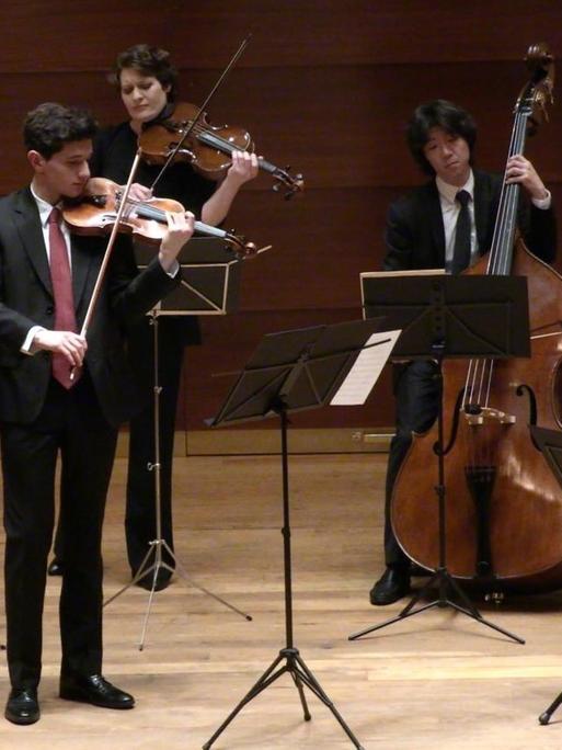 Violinen-, Cello- und Kontrabass-Spieler des Jüdischen Kammerorchesters in Hamburg geben ein Konzert
