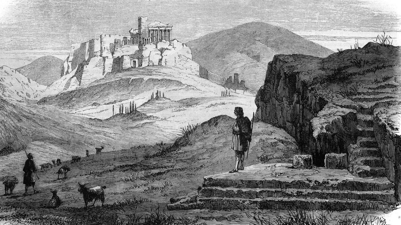 Zeichnung um 1900 mit dem Blick über die Pnyx auf die Akropolis.