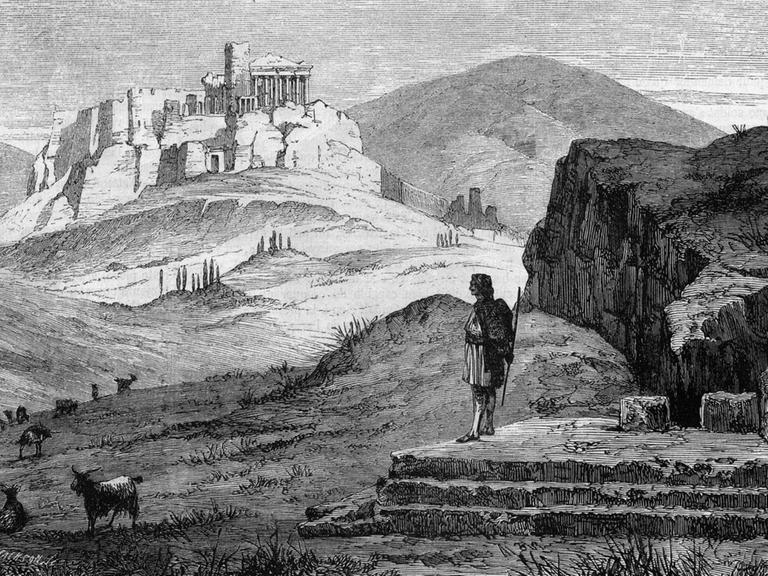 Zeichnung um 1900 mit dem Blick über die Pnyx auf die Akropolis.