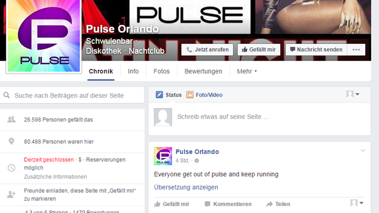 Screenshot der Facebookseite des Clubs "Pulse" in Orlando (12.06.2016 12:16)
