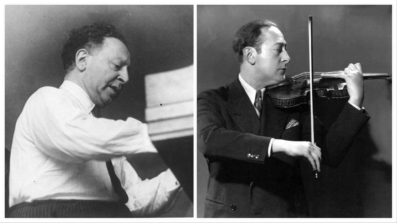 Zwei Bilder nebeneinander zeigen den Pianisten und Geiger, geweils an ihren Instrumenten