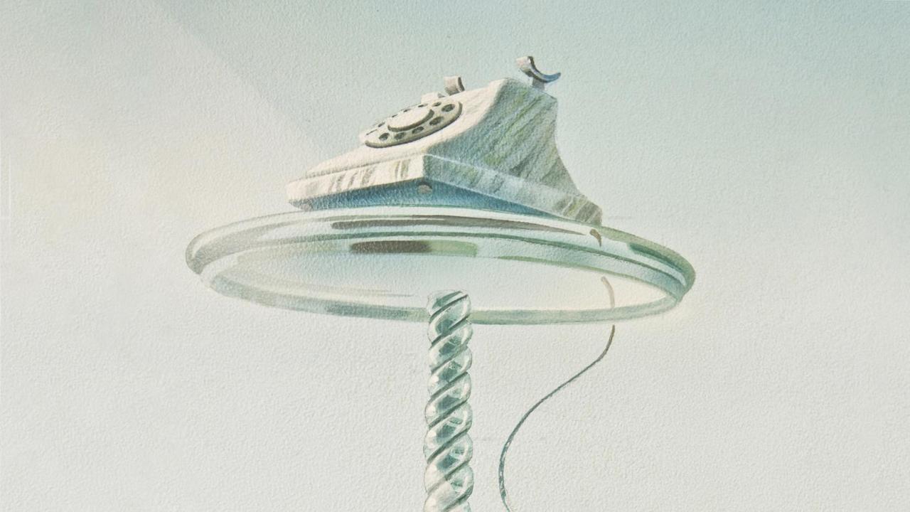 Zeichnung eines altmodischen Telefons mit Wählscheibe.