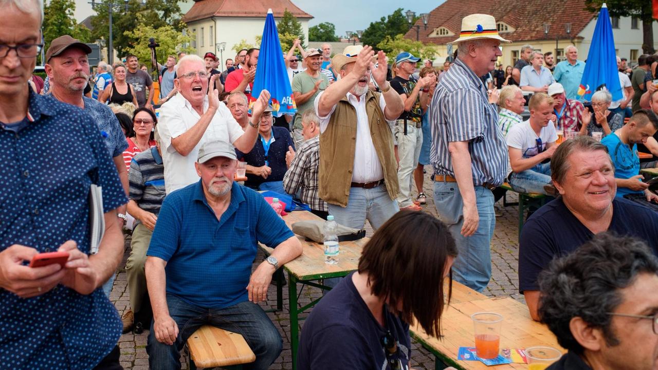 Teilnehmer einer Wahlkampfveranstaltung der AfD zu den anstehenden Landtagswahlen in Brandenburg vor dem Schloss Oranienburg