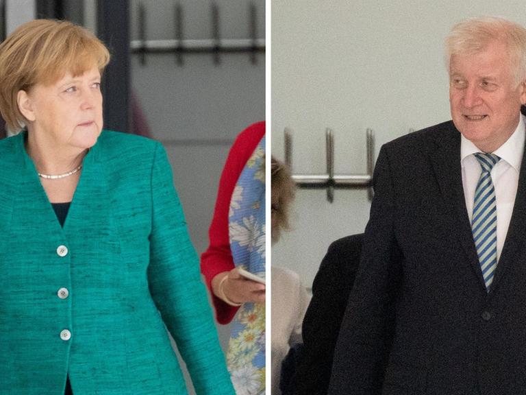 Die Fotokombination zeigt Merkel (l.) und Seehofer (r.) beim Verlassen ihrer getrennt tagenden Fraktionssitzungen von CDU und CSU im Bundestag.