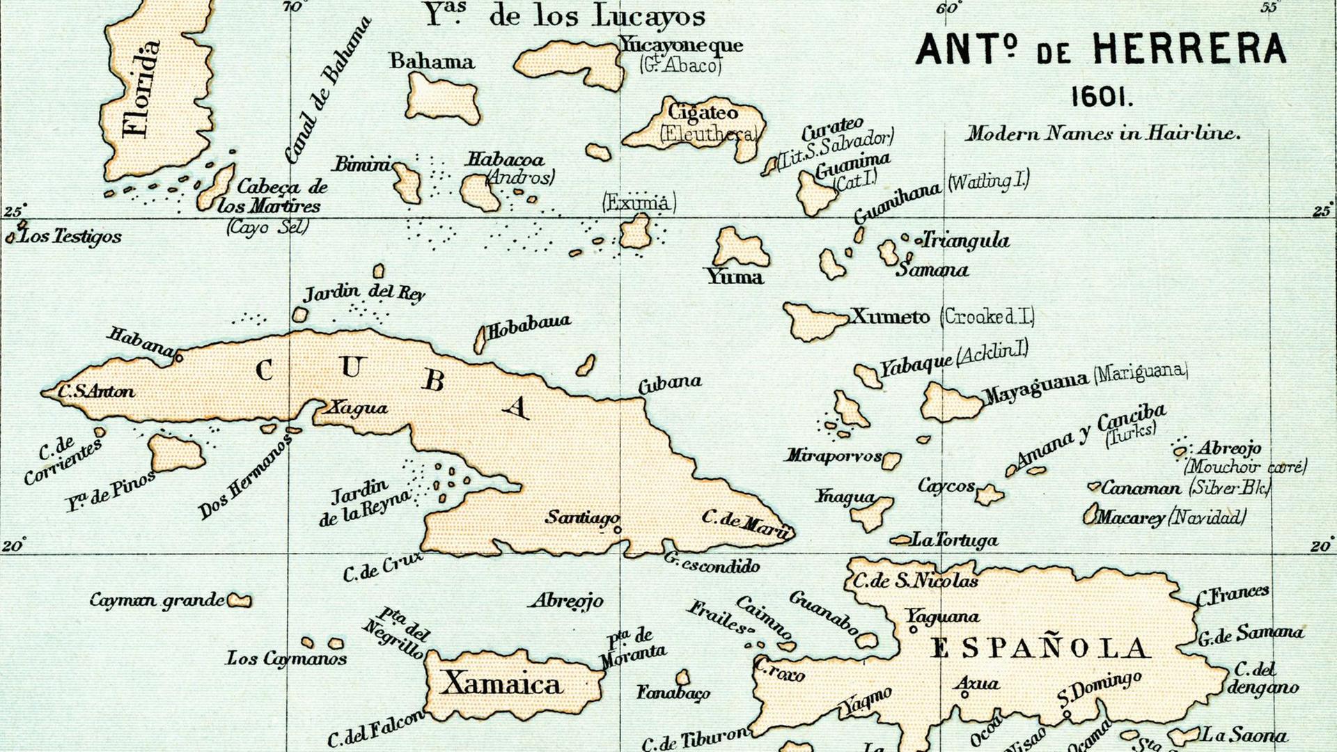 Alte Karte der Bahamas, von 1601 aus dem Buch "Das Leben des Christopher Columbus" von Clements R. Markham