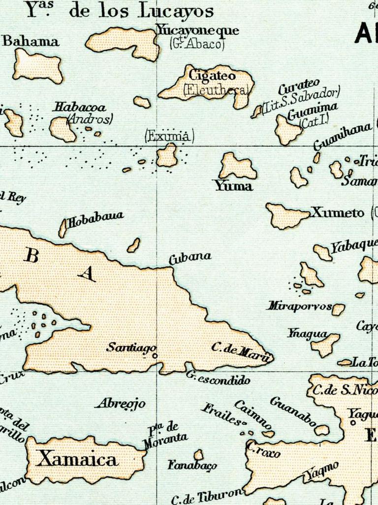 Alte Karte der Bahamas, von 1601 aus dem Buch "Das Leben des Christopher Columbus" von Clements R. Markham