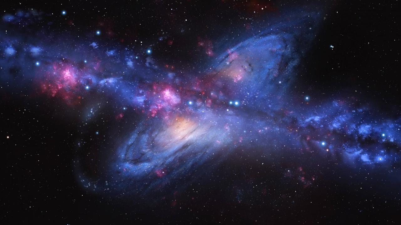 Eine künstlerische Darstellung von Milchstraße und Andromeda.