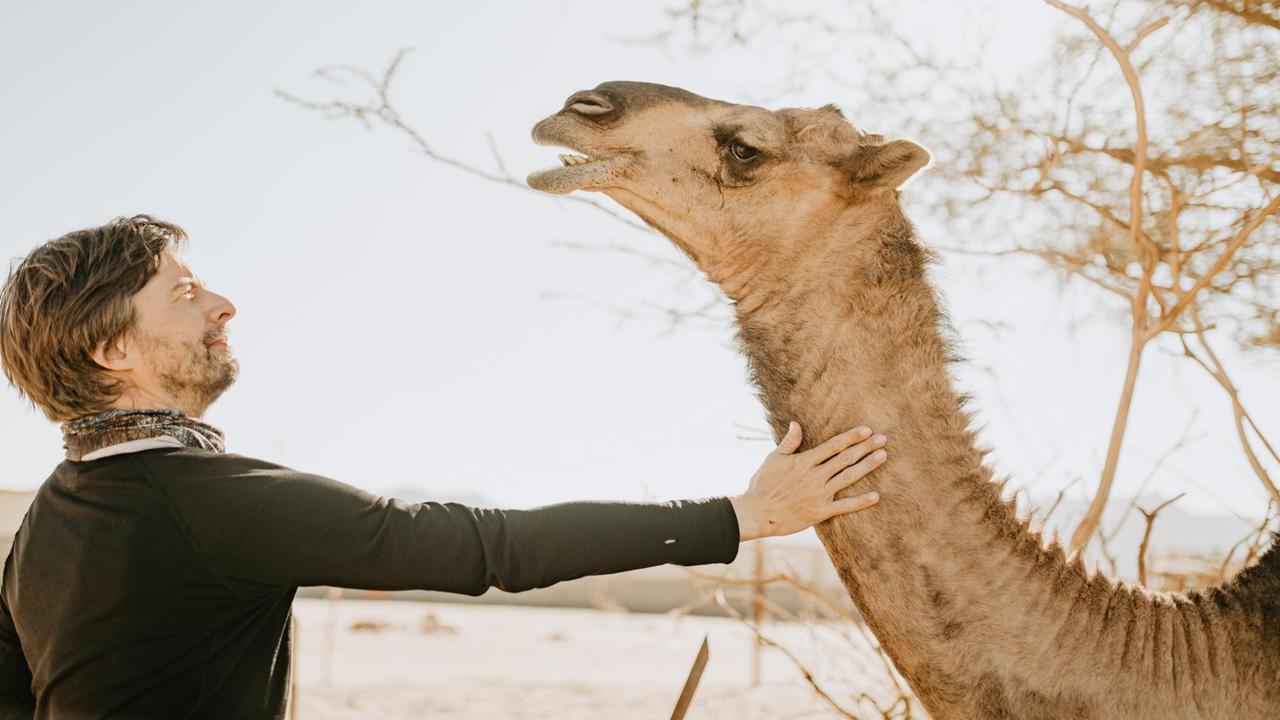 Stephan Orth streichelt ein Kamel.