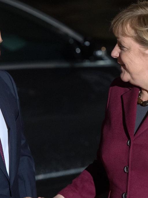 Merkel und Putin geben sich vor einem schwarzen Auto die Hand. Beide lächeln.