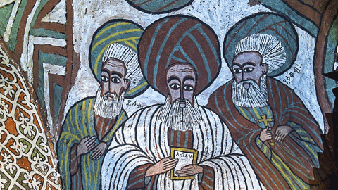 Die Heiligen Isaac, Abraham und Jakob – Fresko in der Orthodoxen Felsenkirche Abuna Yemata Guh in Äthiopien.