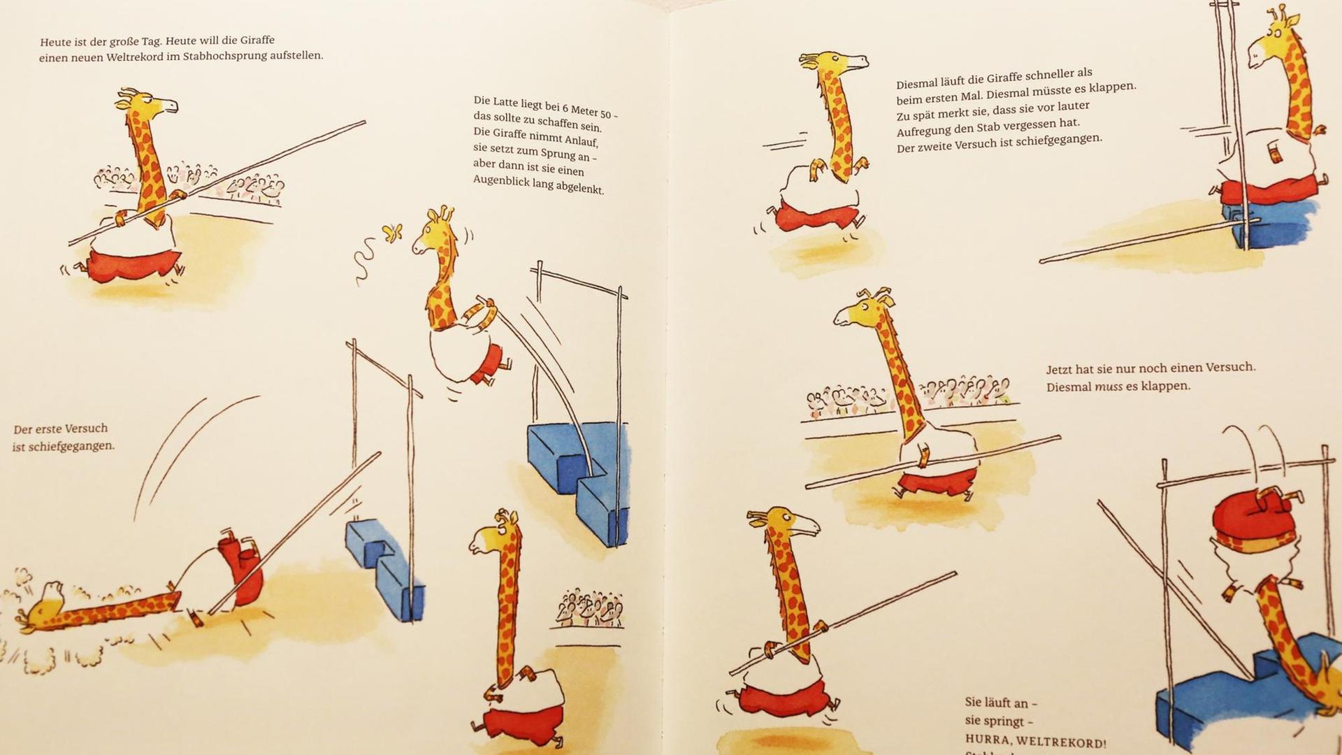 Eine Doppelseite aus dem Buch "Sport ist herrlich" mit einer Giraffe, die sich am Hochsprung versucht