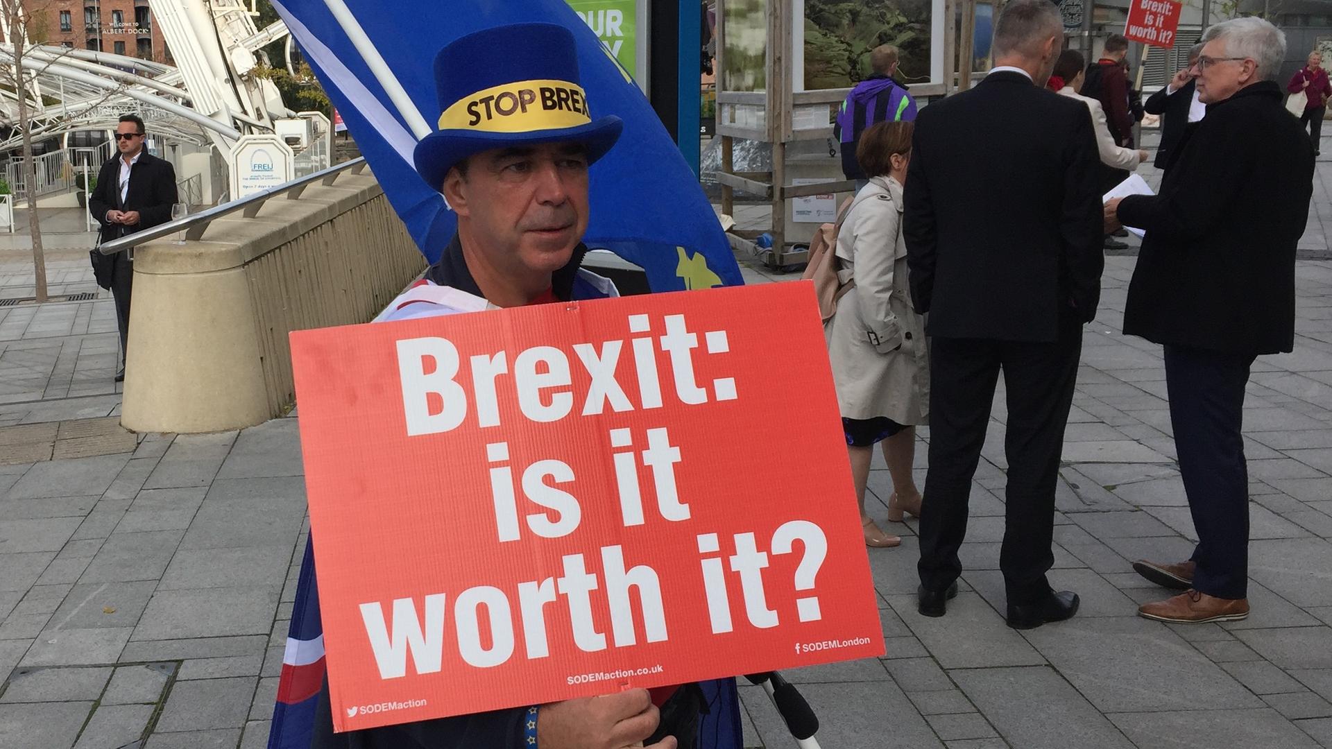 "Der Brexit kommt nie, er wird gestoppt werden", glaubt Steve Bray und demonstriert unermüdlich gegen den Brexit.