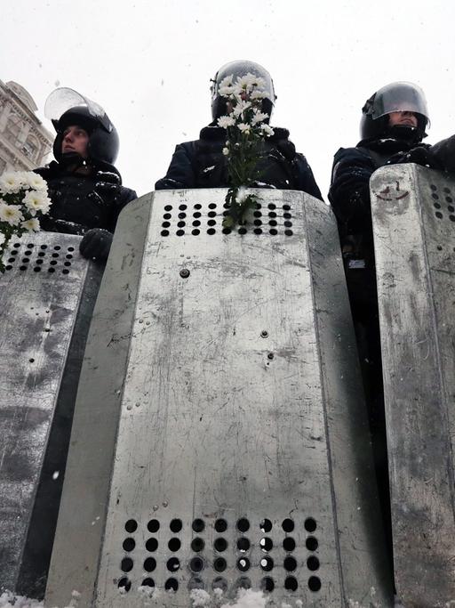 Mit Schilden, Helmen und Schlagstöcken ausgerüstete Polizisten stehen auf einer Straße in Kiew.