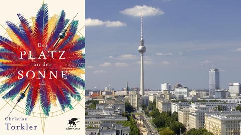 Buchcover Christian Torkler: "Ein Platz an der Sonne" und im Hintergrund die Berliner Skyline