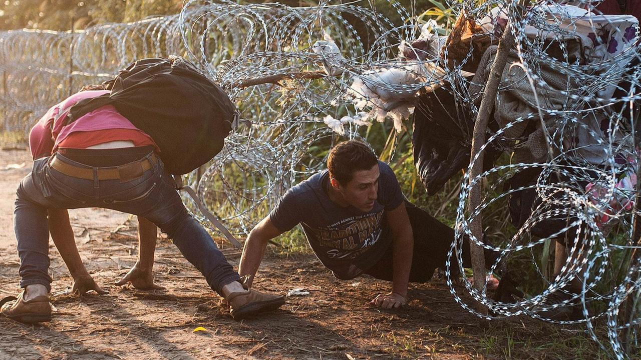 Flüchtlinge überqueren am 27. August den Grenzzaun zwischen Serbien und Ungarn