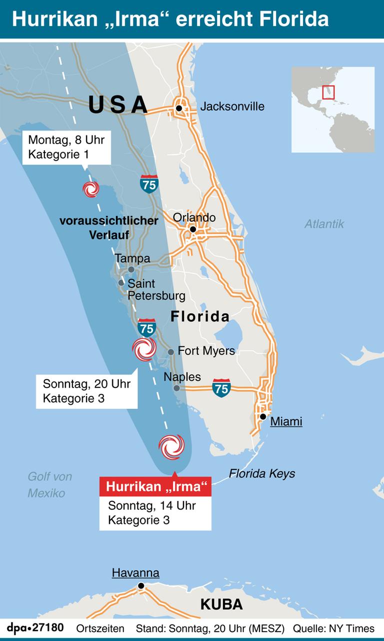 Hurrikan Irma erreicht Florida. Übersichtskarte mit voraussichtlichem Verlauf des Wirbelsturms. 