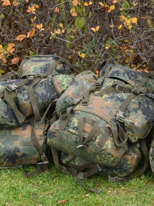 Ein Haufen Rucksäcke von Bundeswehrsoldaten liegt auf einer Wiese.