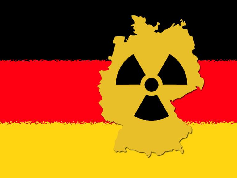 Zu sehen ist der Kartenumriss der Bundesrepublik mit einem Radioaktiv-Symbol und den Farben Schwarz-Rot-Gold im Hintergrund