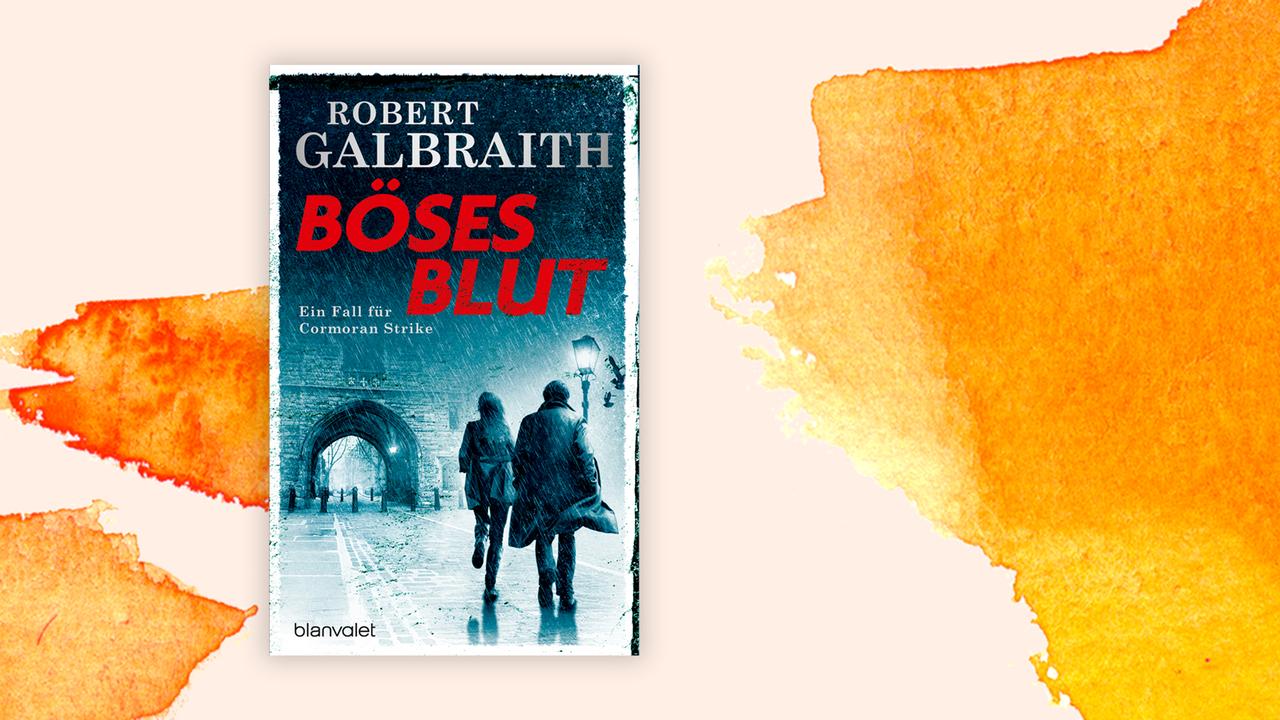 Das Cover vomn Robert Galbraiths Buch "Böses Blut" auf orange-weißem Hintergrund.