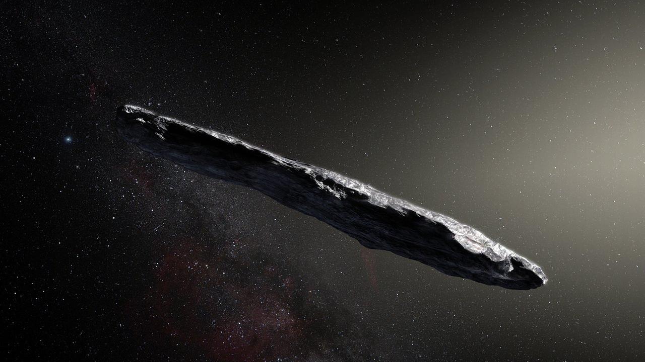Mögliches Aussehen des interstellaren Asteroiden Oumuamua (künstlerische Darstellung)