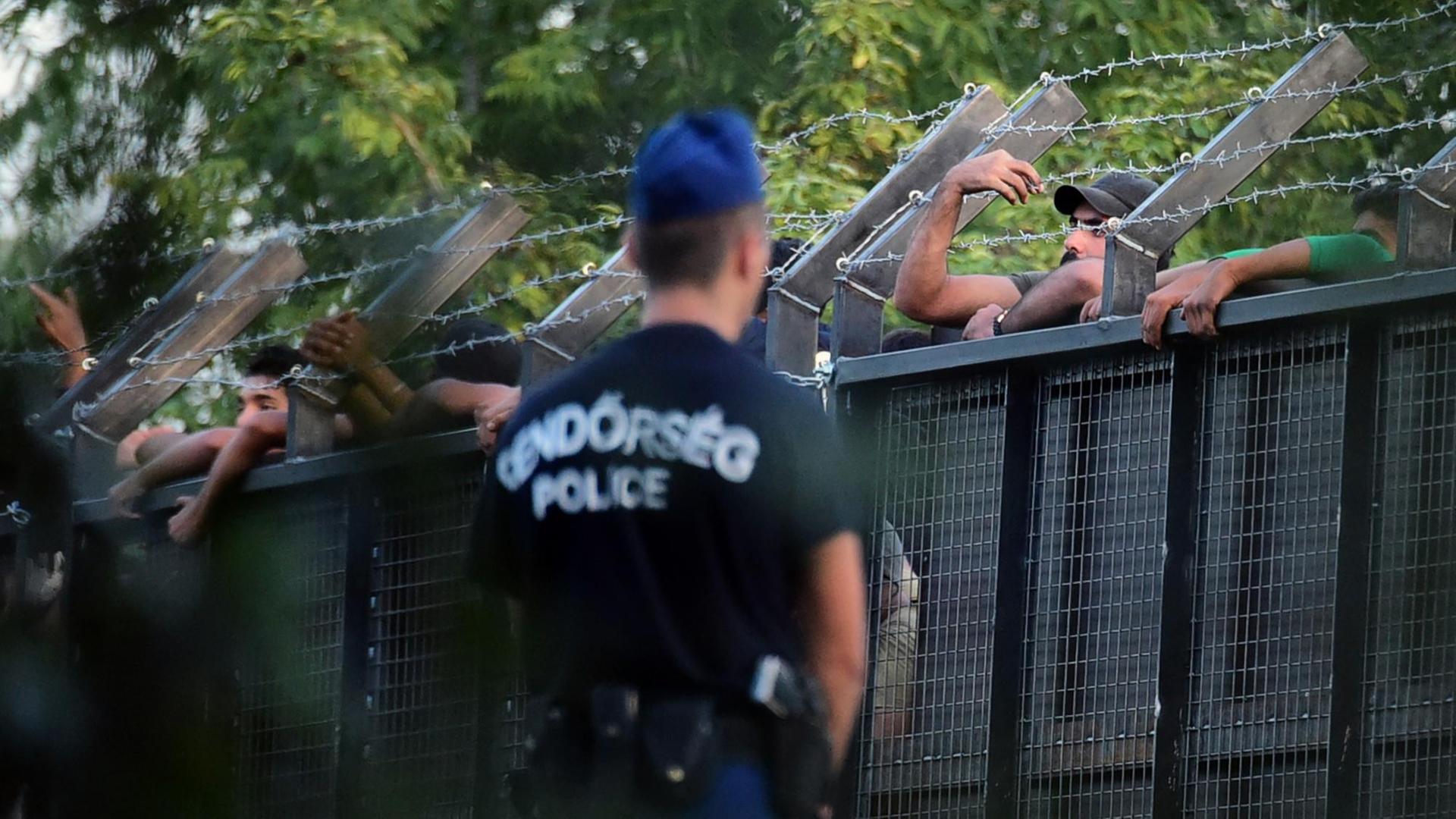 Ungarische Polizisten an der abgeriegelten Grenze nahe der Autobahn Nummer 5