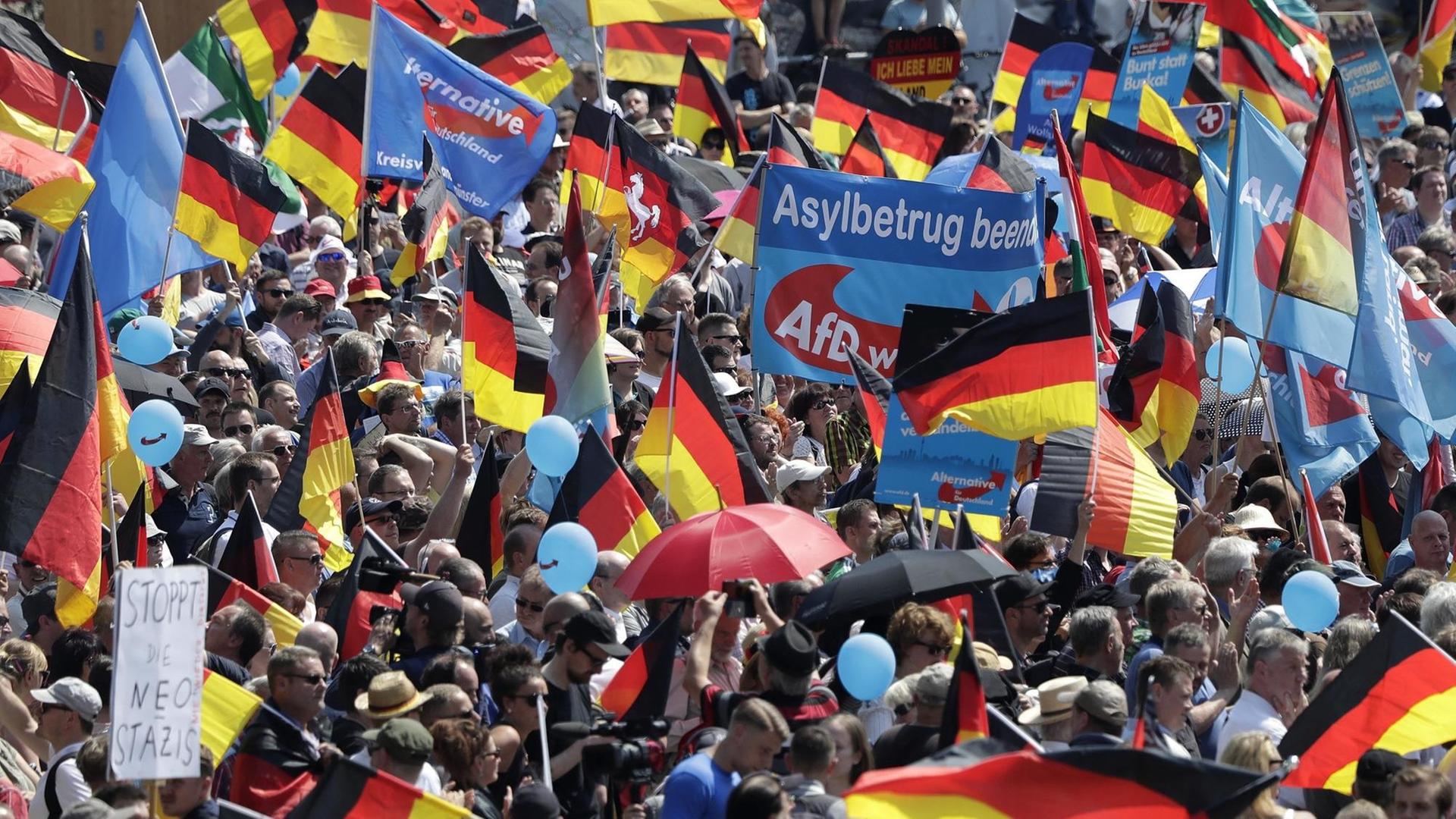 Das Bild zeigt zahlreiche Anhänger der AfD auf einer Kundgebung gegen die Politik der Bundesregierung in Berlin. Zu sehen sind viele Deutschlandflaggen und Fahnen mit dem AfD-Parteilogo. Auf einem Banner steht zu lesen "Asylbetrug beenden".