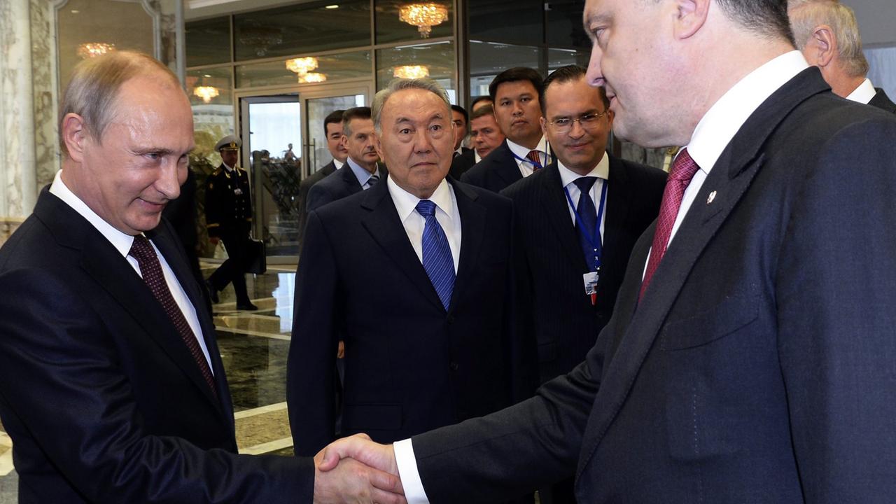 Ein besonderer Moment im Ukraine-Konflikt: Wladimir Putin (l.) und Petro Poroschenko treffen in Minsk zusammen.