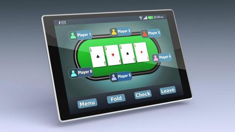 Das Foto zeigt einen Tablet-Computer, auf dem ein Pokerspiel läuft.