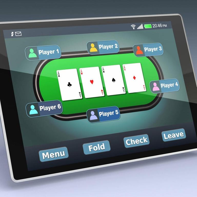 Das Foto zeigt einen Tablet-Computer, auf dem ein Pokerspiel läuft.