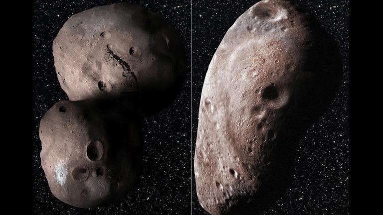 Zwei Modelle des Objekts 2014 MU69 - einmal als Doppelkörper, einmal als Körper mit eine länglicher Struktur.