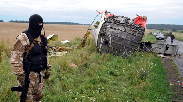 Ein pro-russischer Separatist neben einem Wrackteil der abgestürzten malaysischen Passagiermaschine
