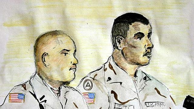 Eine Zeichnung von zwei Männern in heller Uniform, mit US-Flagge am Oberarm, nebeneinander sitzend.