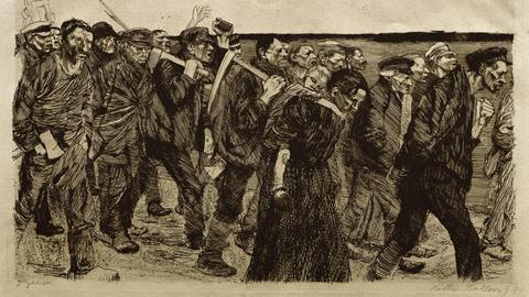 Das Bild "Weberzug" von Käthe Kollwitz (18671945). Radierung von 1897 auf Japanpapier, 21,6 × 29,5 cm. Blatt 4 der Folge: Ein Weberaufstand. Stuttgart, Staatsgalerie, Graphische Sammlung.