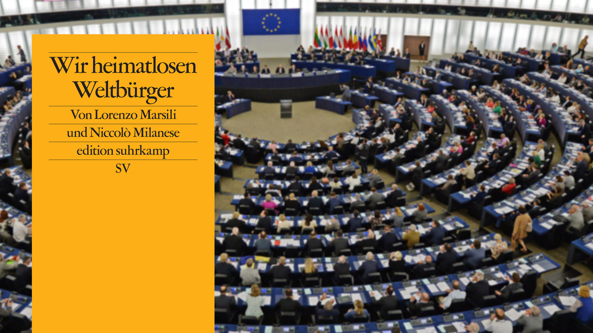 Im Vordergrund ist das Cover des Buches "Wir heimatlosen Weltbürger". Im Hintergrund ist ein Blick auf das Plenum des EU-Parlaments in Strasbourg.