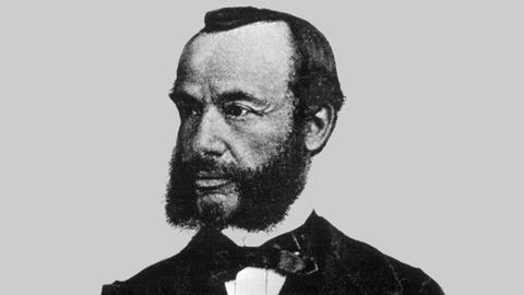 Ein Mann mit Backenbart blickt zur Seite. Er trägt einen Anzug mit Fliege. Es ist eine Zeichnung des Komponisten Henri Vieuxtemps.