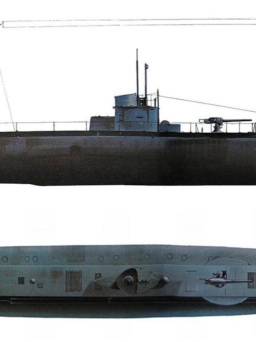 Gezeichnete Interpretation eines Künstlers des deutschen U-Boot-Typs "U-31" aus dem ersten Weltkrieg, so wie es möglicherweise ausgesehen hat. Das seit 1915 vermisste Wrack eines "U-31" wurde vor der Ostküste von Norfolk und Suffolk/Ost-England am 13.01.2015 entdeckt.