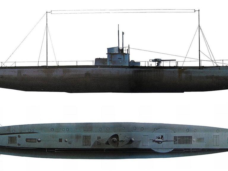 Gezeichnete Interpretation eines Künstlers des deutschen U-Boot-Typs "U-31" aus dem ersten Weltkrieg, so wie es möglicherweise ausgesehen hat. Das seit 1915 vermisste Wrack eines "U-31" wurde vor der Ostküste von Norfolk und Suffolk/Ost-England am 13.01.2015 entdeckt.