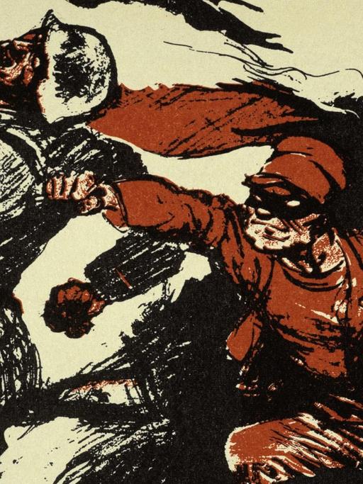 Ein rot gekleideter Mann stößt einem Soldaten ein Messer in den Rücken. Illustration zu einem Wahlplakat der Deutschnationalen Volkspartei (DNVP) für die Reichstagswahlen am 7.12.1924.