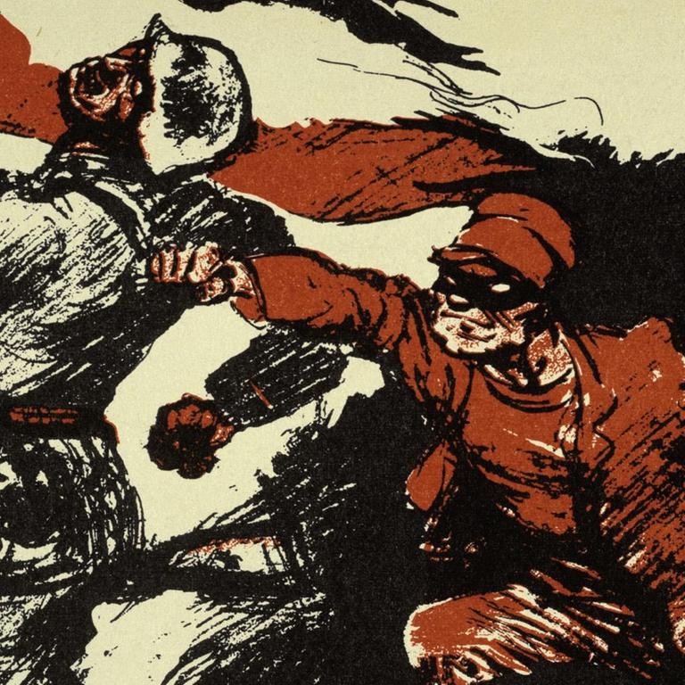 Ein rot gekleideter Mann stößt einem Soldaten ein Messer in den Rücken. Illustration zu einem Wahlplakat der Deutschnationalen Volkspartei (DNVP) für die Reichstagswahlen am 7.12.1924. 