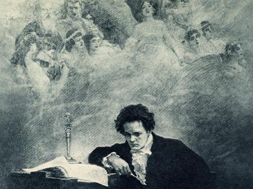 Eine alte Radierung zeigt den Komponist Ludwig van Beethoven bei der Arbeit.