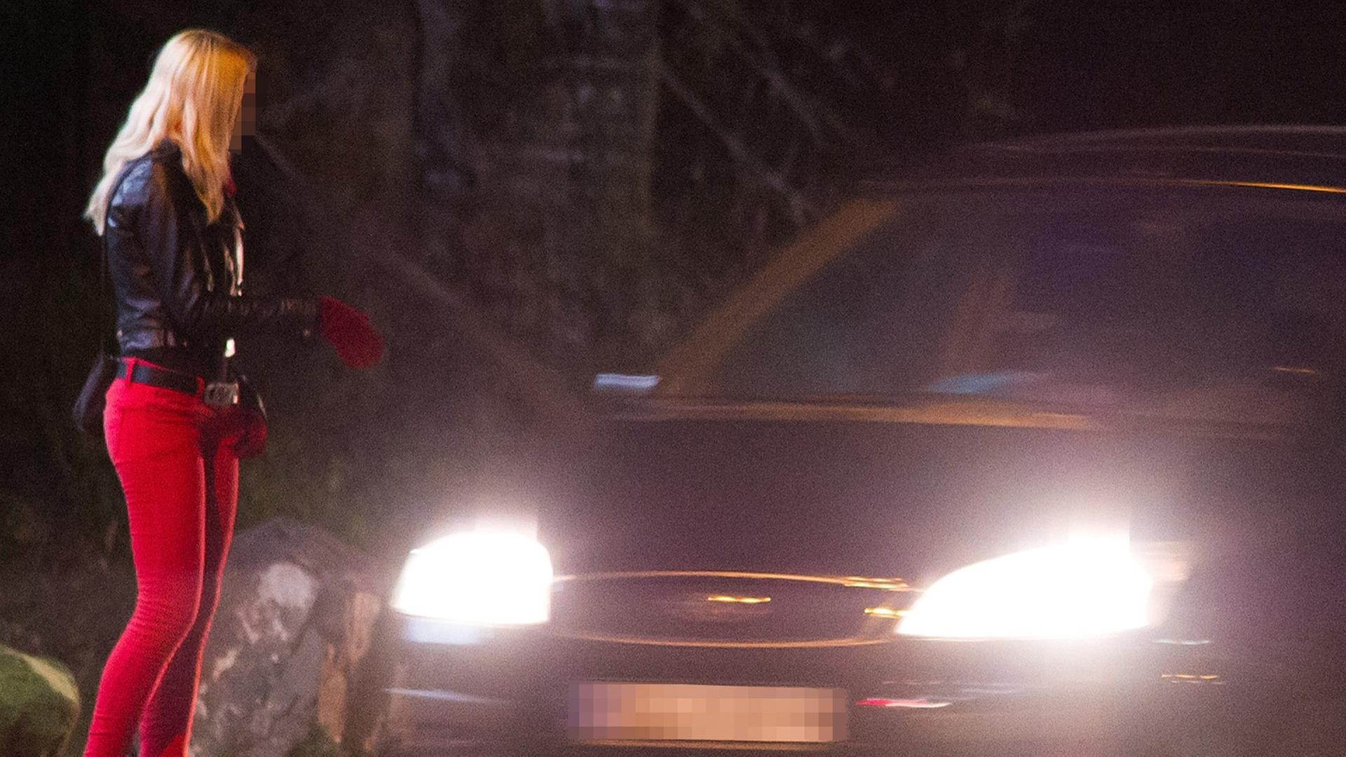 Eine Prostitutierte steht am 18.02.2014 in der Dudweiler Landstraße in Saarbrücken (Saarland).
