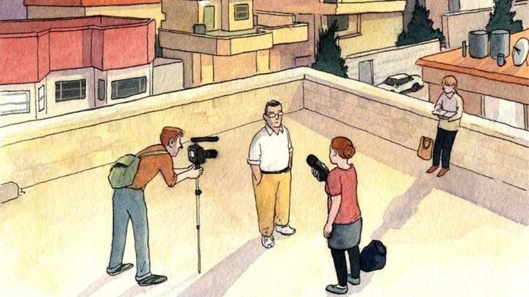 Szene aus dem Comic "Im Schatten des Krieges" von Sarah Glidden, Reporter interviewt Mann auf einem Hochhausdach