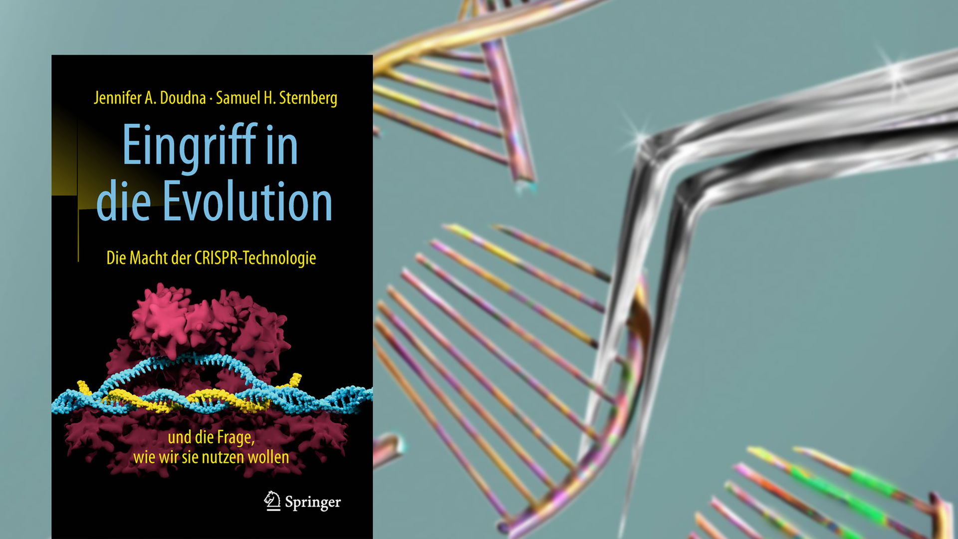 Cover von Jennifer A. Doudna/Samuel H. Sternberg: "Eingriff in die Evolution", im Hintergrund die Illustration einer Schere, die ein DNA Molekül modifiziert