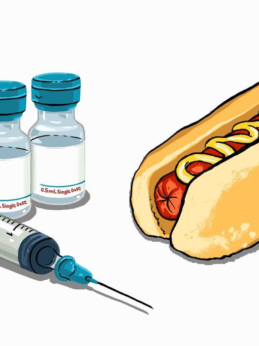 Links eine Illustration zweier Impfdosen und einer Spritze, rechts daneben ein Hotdog.